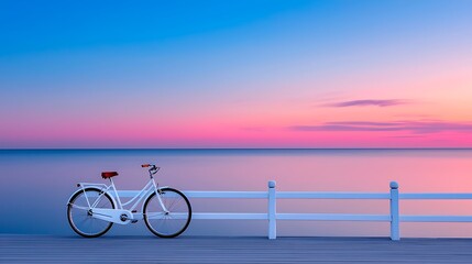 Fototapeta premium Serene Seascape with a White Bicycle at Sunset