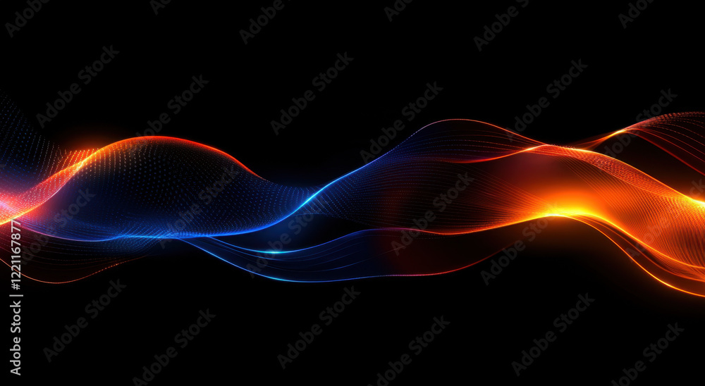 Poster glowing waves of blue and orange light create a mesmerizing visual effect on a dark backdrop in this