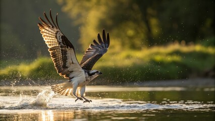 Obraz premium Osprey in Flight Golden Hour Water Splash, Dynamic Composition, Wildlife Photography, Bird, Pandion haliaetus Bird photography, Raptor