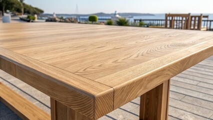Fototapeta premium Outdoor Wooden Table Close-up of Oak Grain, Coastal Setting, Modern Design, Wood Texture Outdoor furniture, wood table