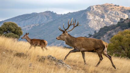 Red Deer Stag and Hind in Mountain Pasture, Landscape Photography, Wildlife, Golden Hour, Two Deer, Cervus Elaphus. Deer, Wildlife Photography