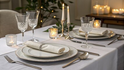 Fototapeta premium Romantic Table Setting Candles, Elegant Place Setting, Closeup, Silverware, Table Decor table setting, romantic dinner
