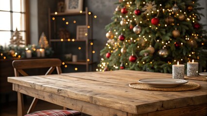Rustic Christmas Table Setting Wooden Table, Blurred Tree, Cozy Atmosphere, Christmas Decor Christmas, Holiday
