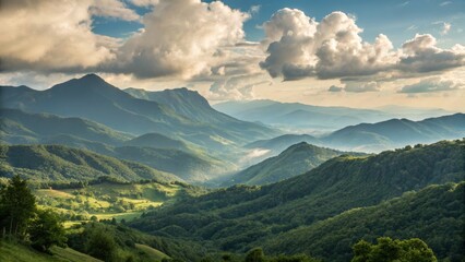 Fototapeta premium Serene Mountain Landscape Wide Shot Composition, Lush Green Hills, Dramatic Cloudscape, Natural Beauty, Italy landscape photography, mountain range