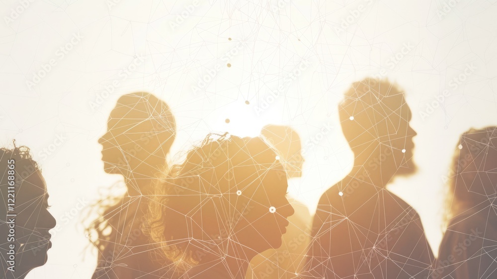 Poster picture symbolized people connect with particle connecting represent internet system for communicati