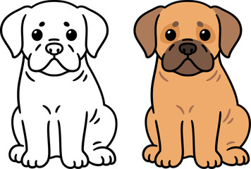 Cute cartoon Mastiff or Bulldog puppy. Color drawing and black and white line art for coloring.Vector clip art illustration. Adorable little dog with drooping ears sitting.