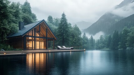 Fototapeta premium Cozy cabin by the tranquil lake surrounded by mountains