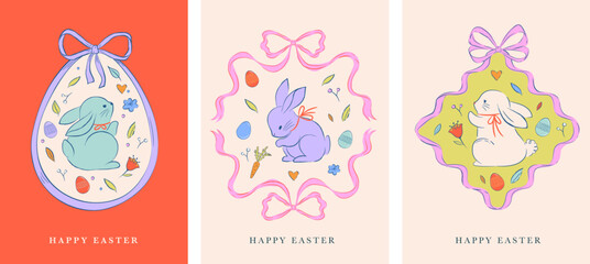 Easter design, hand drawn sweet illustrations of bunnies, eggs, bows, flowers and basket in vintage dolce vita cute style, pastel colors illustrations, banners, posters and greetings cards