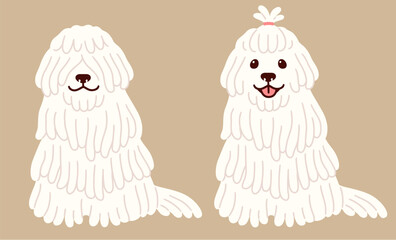 Cute cartoon Komondor dog, with hair covering eyes and up hairstyle. Big white shaggy shepherd dog sitting. Simple drawing, vector clip art illustration.