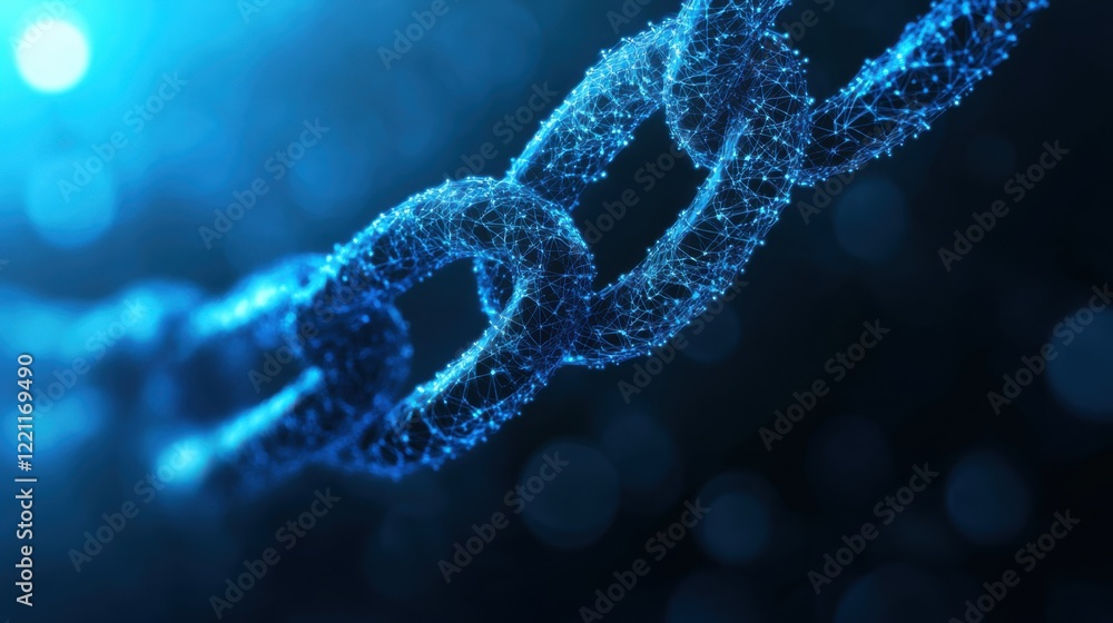 Poster close-up of a shimmering chain link in a blue light setting, highlighting its texture and depth