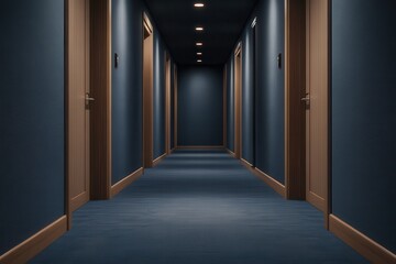 Luxury hotel interiors with exclusive lighting. Dark, modern hotel corridor with textured walls and blue carpet.