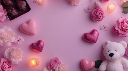 Romantic Valentine Flat Lay with Hearts and Flowers for Celebration