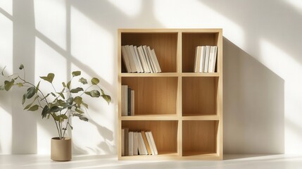 Fototapeta premium Minimalist Bookshelf with Natural Light and Greenery