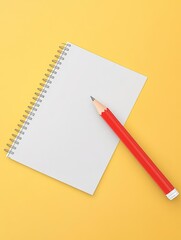Blank Spiral Notebook and Red Pencil - A clean, white spiral notebook lies on a yellow background, accompanied by a red pencil.  Ready for notes or ideas.