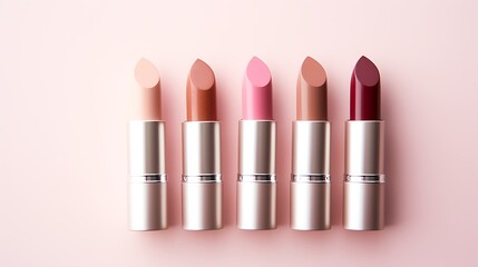 Obraz premium Pink lipstick on pastel pink background. Flat lay, top view