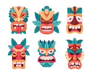 Obraz premium Ceremonial tribal masks. Cartoon african and hawaiian wooden masks, ethnic tiki totems flat vector illustration set. Ritual aztec or african idols