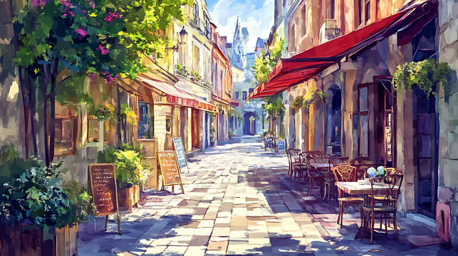 Watercolor-style painting of a classic street with cafes and charming architectural buildings 