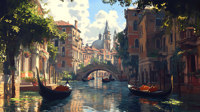 Watercolor-style painting of a charming canal with gondolas and historic buildings 