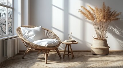 Modern interior design framework model, ISO paper size poster on living room wall, house background integration, 3D representation of contemporary space.