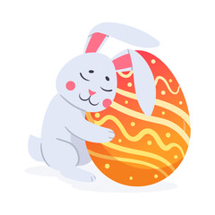 Cute rabbit hugging Easter egg. Bunny with colored Easter egg flat vector illustration. Cartoon spring holiday easter bunny
