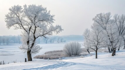 Obraz premium Winter Landscape Frost-Covered Trees by Frozen Lake, Panoramic Composition, Cold Serenity, Winter Scenery Winter Photography, Frosty Trees