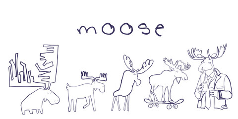 Hand drawn line art vector of a moose. Retro style free hand art. Cool doodles of animals.