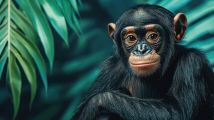 Young chimpanzee close-up with lush green leaves background