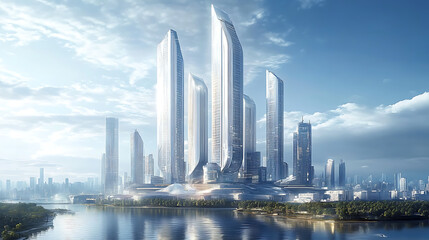 Obraz premium Watercolor-style painting of a futuristic cityscape with modern skyscrapers 