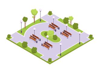 Fototapeta premium Isometric parkland. Urban city park with benches and trees, modern urban garden 3d vector illustration. City parkland environment