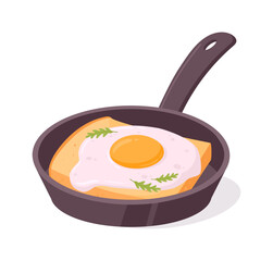 Toast with eggs in pan. Cooked fried eggs with french toast, chicken eggs tasty breakfast flat vector illustration. Cartoon fried eggs dish