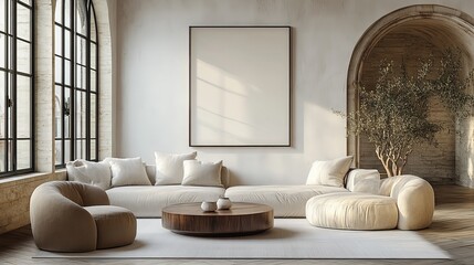 Modern interior design framework model, ISO paper size poster on living room wall, house background integration, 3D representation of contemporary space.