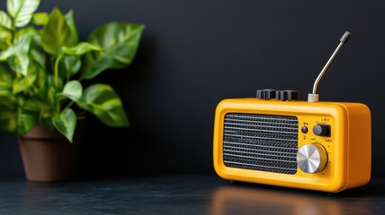 Retro yellow radio next to green potted plant on dark background