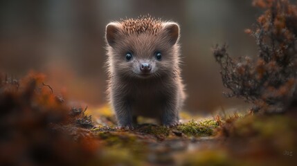 Naklejka premium Adorable Baby Hedgehog in Autumn Forest