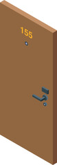 Brown hotel room door number 155 with handle, peephole, and electronic lock is showing security features in isometric view
