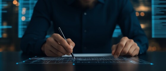 A close-up view of a person writing on a digital tablet, showcasing modern technology in business