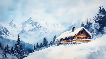 Fototapeta premium Watercolor-style painting of a mountain cabin with panoramic views of snowy peaks 