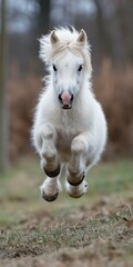 Fototapeta premium White pony leaping joyfully across a grassy field
