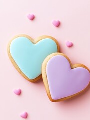 Fototapeta premium Charming Minimalist Heart Cookies Flat Lay - Sweet heart-shaped cookies, pastel icing, pink background, minimalist style, Valentine's Day concept.