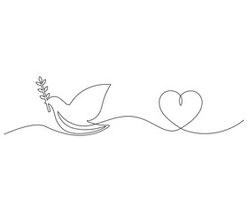 One continuous line drawing of heart with bird. Symbol of Valentine day and romantic moment. Bird love in simple linear style. Editable stroke. Doodle line illustration