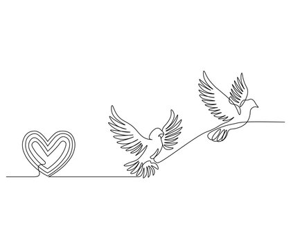 One continuous line drawing of heart with bird. Symbol of Valentine day and romantic moment. Bird love in simple linear style. Editable stroke. Doodle line illustration