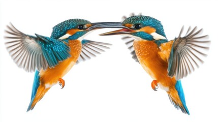 Obraz premium Two Kingfishers in Flight, Facing Each Other