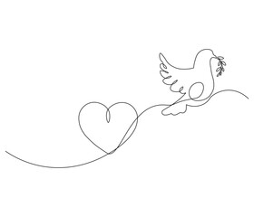 One continuous line drawing of heart with bird. Symbol of Valentine day and romantic moment. Bird love in simple linear style. Editable stroke. Doodle line illustration