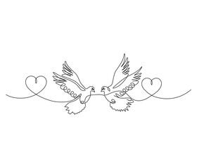 One continuous line drawing of heart with bird. Symbol of Valentine day and romantic moment. Bird love in simple linear style. Editable stroke. Doodle line illustration