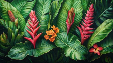 Naklejka premium Lush Tropical Foliage with Red Ginger Flowers