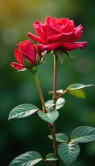 Fresh red roses with dewy leaves and stems in a garden early morning, botanical, morning