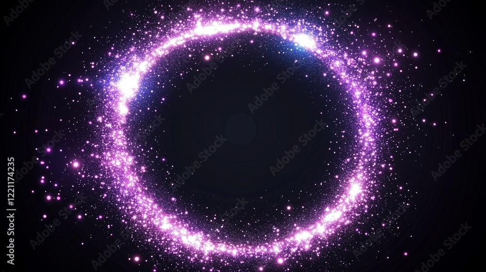 Poster multicolored glitter circle of sparkling light particles in a circle frame on a black background.