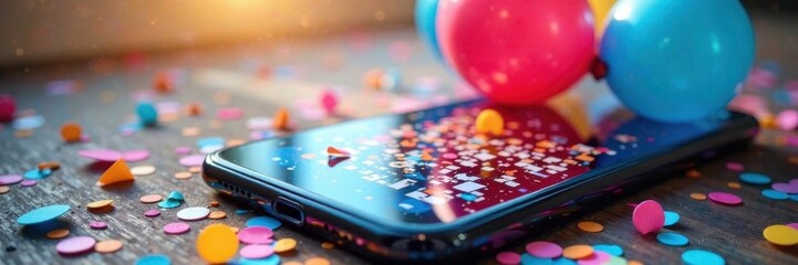 Fototapeta premium Confetti and balloons in a digital QR code on a smartphone screen, new year, festive