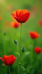 Obraz premium A red poppy grows amidst a carpet of green grass, petals, bloom