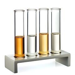 Four glass test tubes of various sizes filled with liquids on stand, showcasing different colors and levels. This highlights beauty of laboratory equipment and scientific exploration
