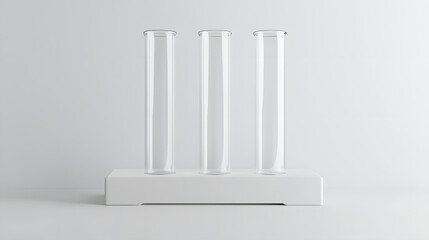 Three laboratory test tubes of various sizes arranged neatly on white stand, showcasing clean and modern design ideal for scientific settings